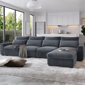 Modern Large L-Shape Feather Filled Sectional Sofa, Convertible Sofa Couch with Reversible Chaise for Living Room
