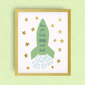 Rocketship art - love you to the moon and back -  option of Gold Foil Print - 5x7 ink